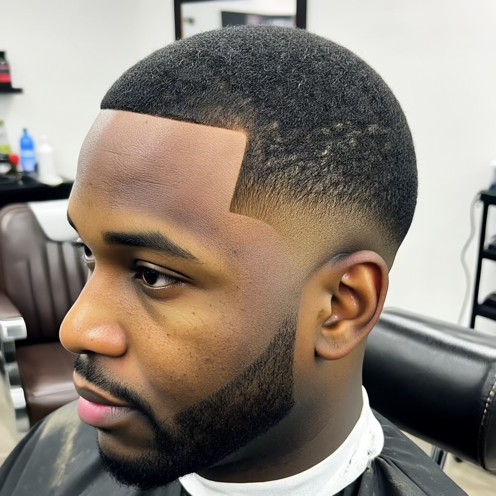 Low fade with sharp line-up and beard blend